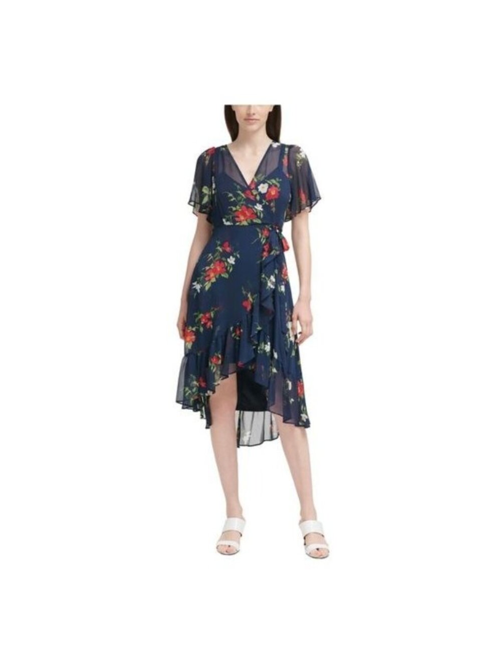 Calvin Klein Navy Blue Red Floral Print Chiffon Ruffle Midi Dress Side Tie Sz 10